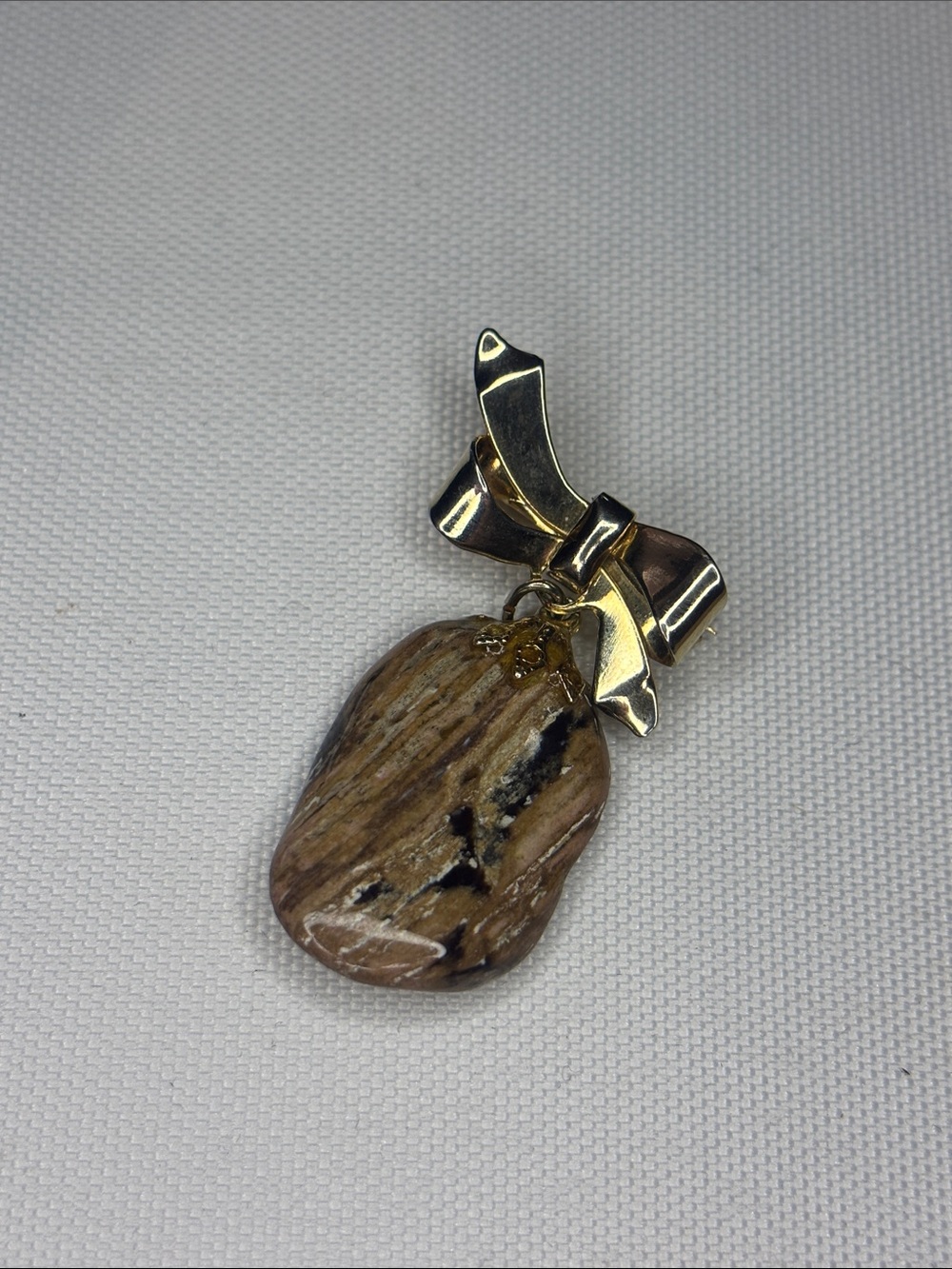 mahogany wood jasper polished stone and bow brooch